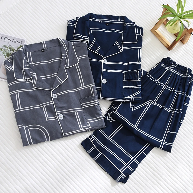 

New Spring Summer Male Thin Plus Size Nightwear Geometric Cardigan Homewear Long Sleeved Trousers Viscose Pajamas For Men Sets