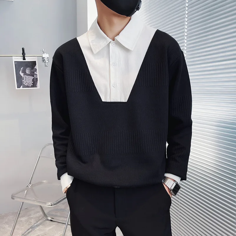 

2022 Fall Mens Knit Fake Two Piece Shirt Fashion Patchwork Turn-down Collar Buttoned Long Sleeve Knitted Tops Men Casual Shirts