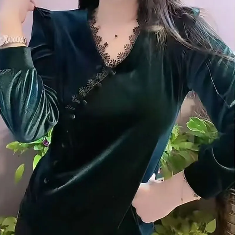 Женская винтажная бархатная блузка на пуговицах элегантная однотонная