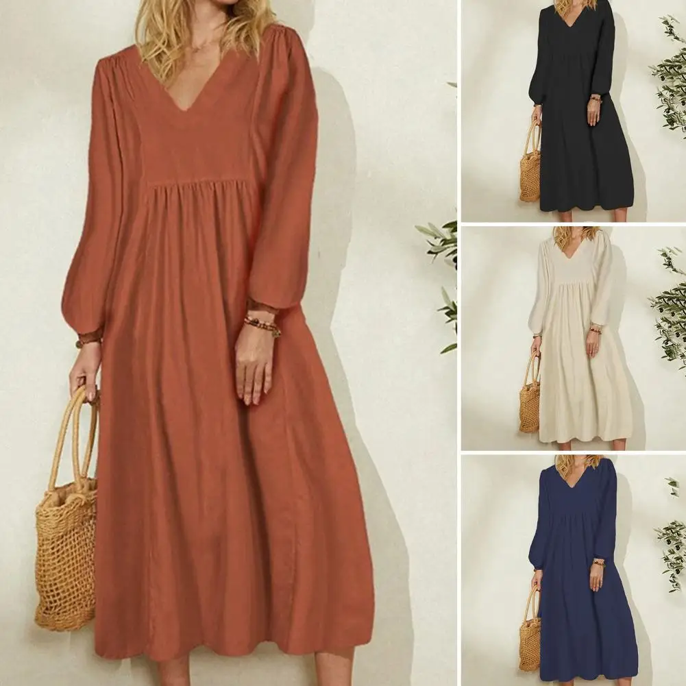 

Solid Color Waist Tight Pleated Large Hem Women Dress V-Neck Lantern Sleeve Loose Casual Beach Dress Female Clothing
