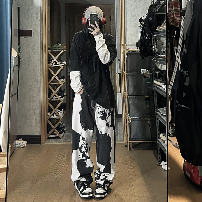 Blue Black Tie Dyed Jeans Men Fashion Oversized Retro Printed Jeans Mens Streetwear Hip-hop Loose Straight Denim Trousers Men