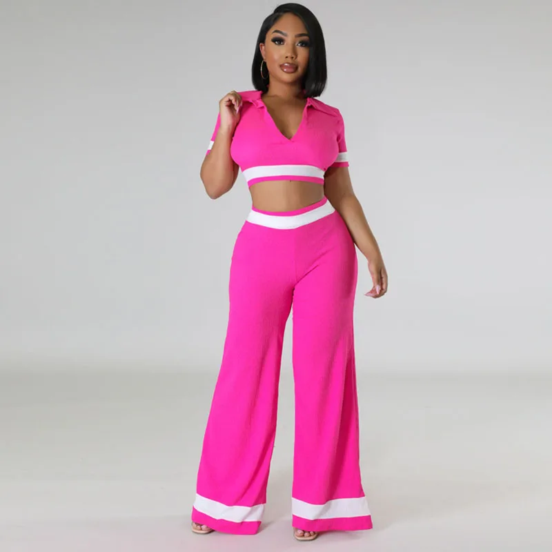 

Elegant Knit Striped Two Piece Set Women Clothing Short Sleeve Crop Top and Wide Leg Pants Casual Birthday Matching Sets Outfits