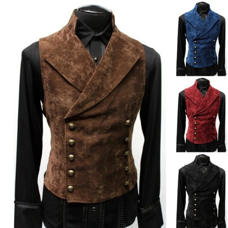 Gothic Steampunk Velvet Vest Men Prom Costume Stage Cosplay Double Breasted