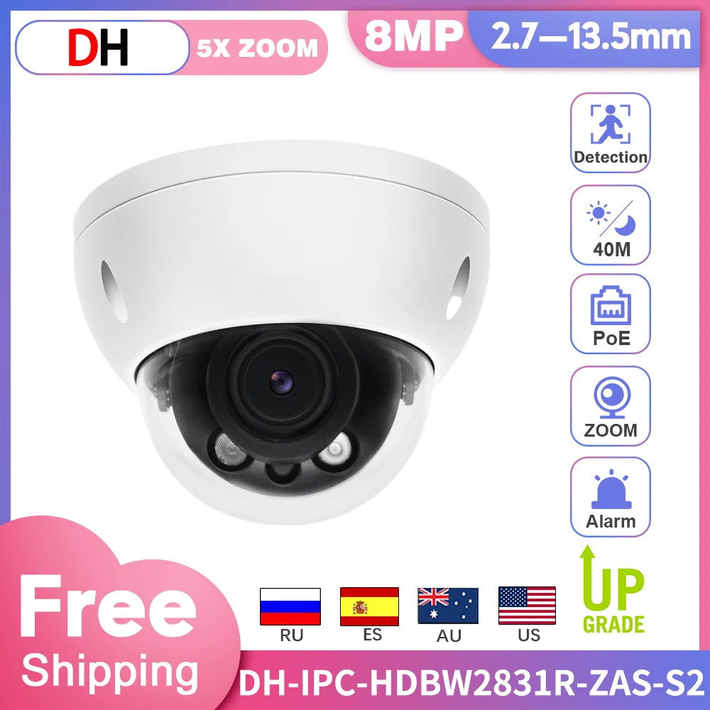 

IP-камера Dahua, 8 Мп, купольная мини-камера 4K, IPC-HDBW2831R-ZAS-S2 5X, зум, POE, ночное видение, наружная и внутренняя система видеонаблюдения, купольная кам...