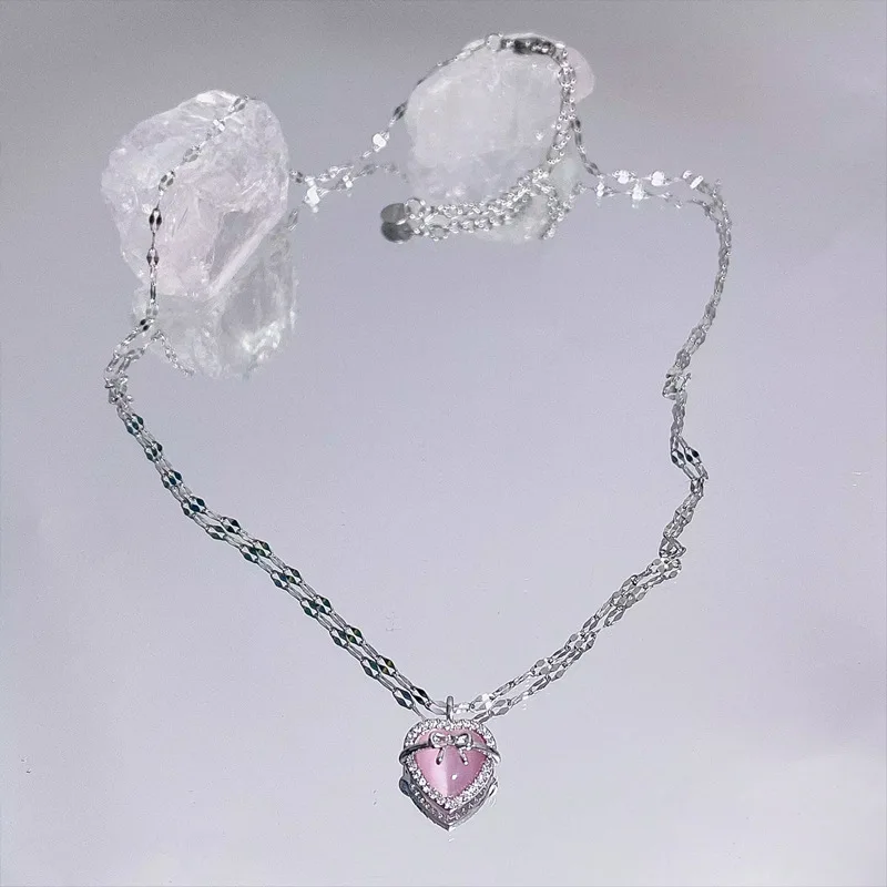 

New Korean Fashion Trend Vintage Aesthetic Bow Pink Love Heart Pendant Silver Color Chain Necklace For Women Wedding Y2K Jewelry