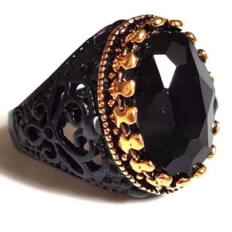 

Copper Material Open Adjustable Ring Men's Black Oval Crystal Zircon High-end Finger Ring Party Wedding High-end Carved Jewelry