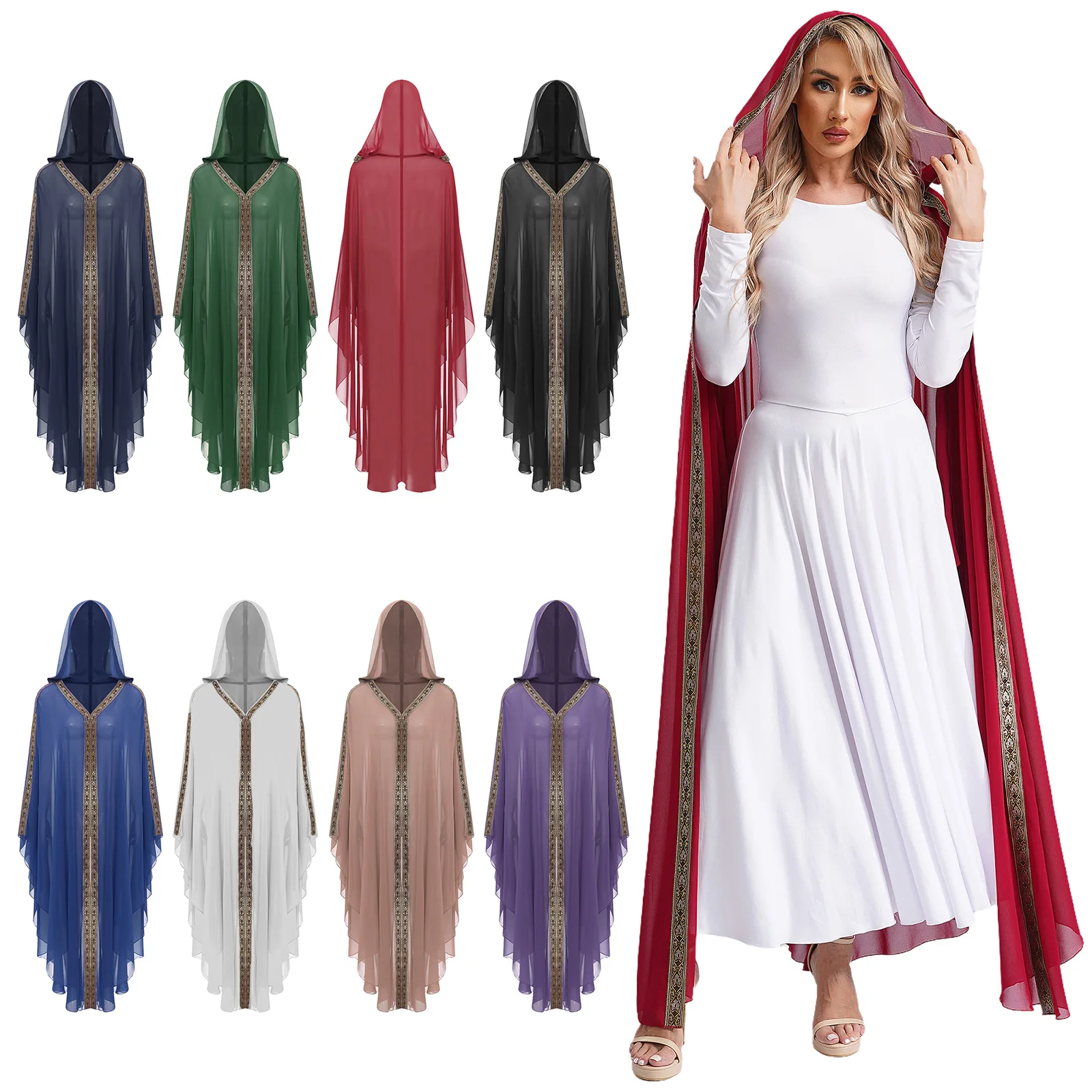 Мусульманская абайя для женщин шифоновое макси-платье с капюшоном и вышивкой