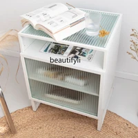 yj Nordic Bedside Table Bedroom Small Changhong Glass White Simple and Light Luxury Iron Storage Side Cabinet