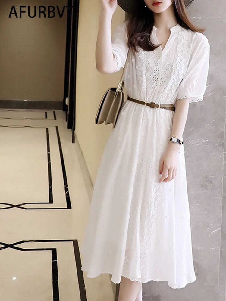 

Vintage Elegant Women Summer Embroidery Hollow Out Midi Long Dresses Lady Boho A Line lace Vestidos Elbise Frocks Vestidos Za