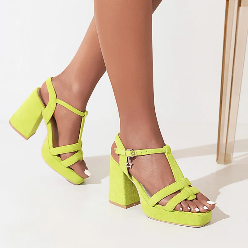 

LeShion Of Chanmeb Faux Suede Sandals Big Plus Women T-strap Chunky High Heeled Buckle Sandal Platform Orange Green Shoes Summer