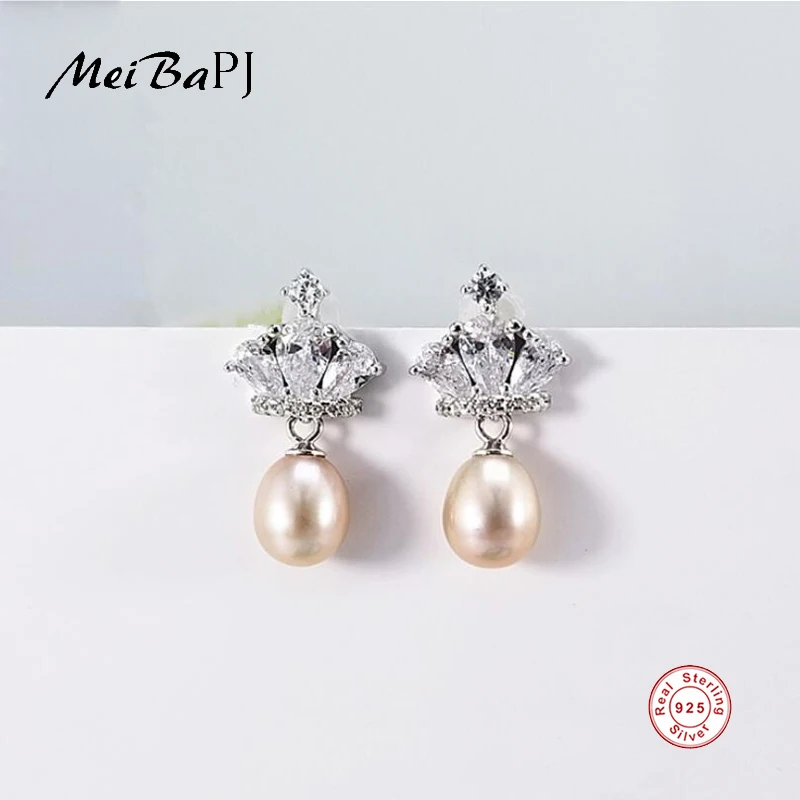 

[MeiBaPJ]Natural Freshwater Pearl Simple Crown Drop Earrings Real 925 Sterling Silver Fashion Earrings for Women