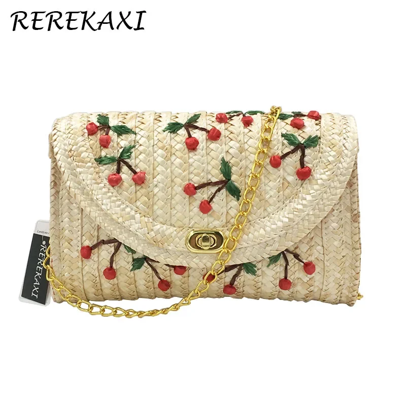 Trigo palha tecido bolsa de ombro feminina bou Mio Summer praia sacos cereja banana feminino masculageiro embreagem corrente