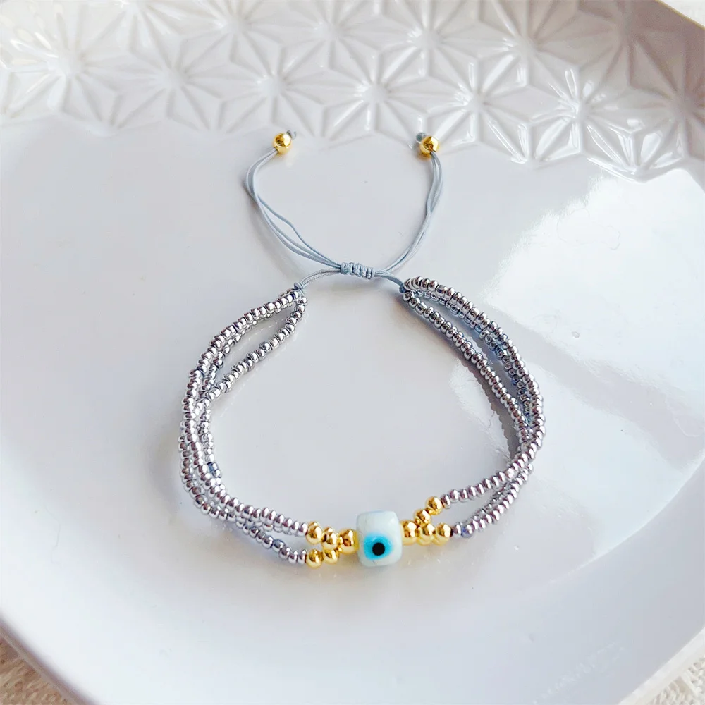 Multi-Layer Beads Evil Eye Bracelet Jewelry for Couples Gold Color Sliver Color Bracelets Valentine's Day Gift Stackable Pulsera