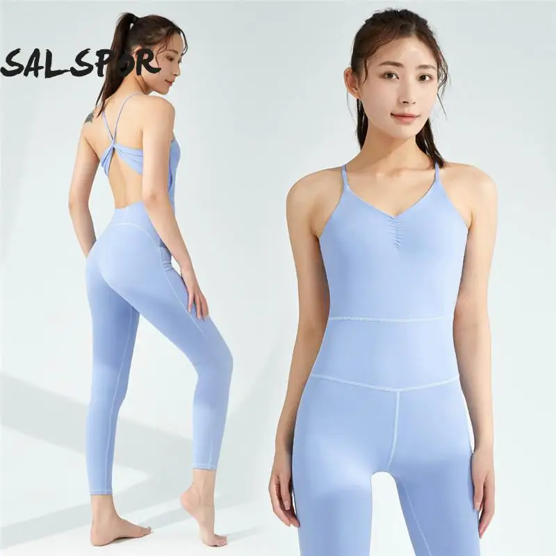 

SALSPOR Women One-piece Streetwear Hanging Neck Chest Pad Bodysuit Yoga Jumpsuit Sets Fitness Sportswear Running Set Gym