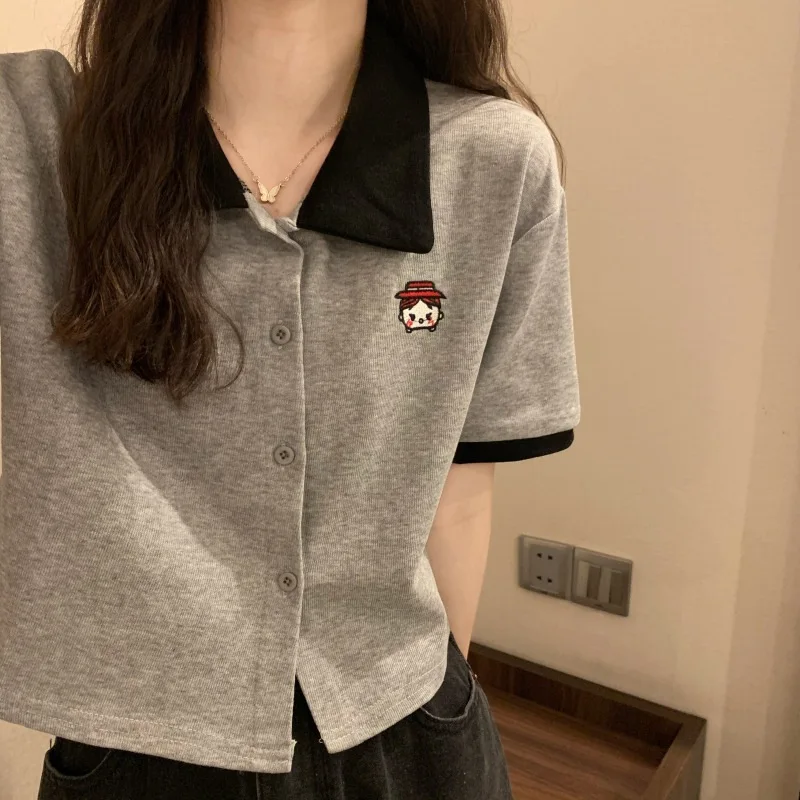 

Korean Fashion Kawaii Women's T-shirt Summer Chic Patchwork Turndown Collar Hort Sleeves Woman Clothing Preppy Style