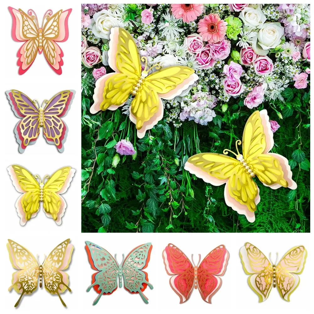 

Festival Party Supplies Iridescent Paper Four-Layers Pearl Ornament 3D Butterfly Stickers Hollow Butterflies Decals