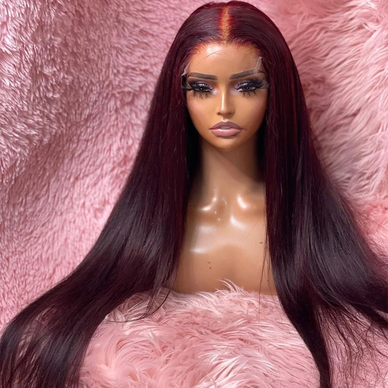 

Preplucked 26Inch Burgundy Long Synthetic Straight Lace Front Wig For Black Women With BabyHair Heat Resistant 99j 180%Density