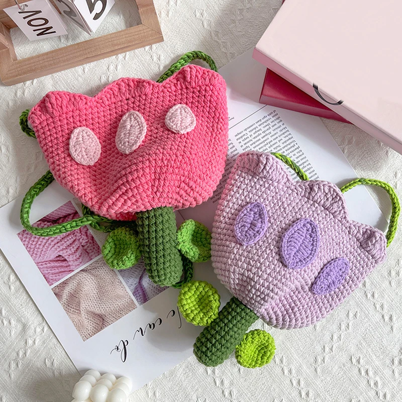 

Сумка на плечо женская, милая романтичная миниатюрная сумочка кросс-боди с принтом тюльпана, милый аксессуар ручной вязки