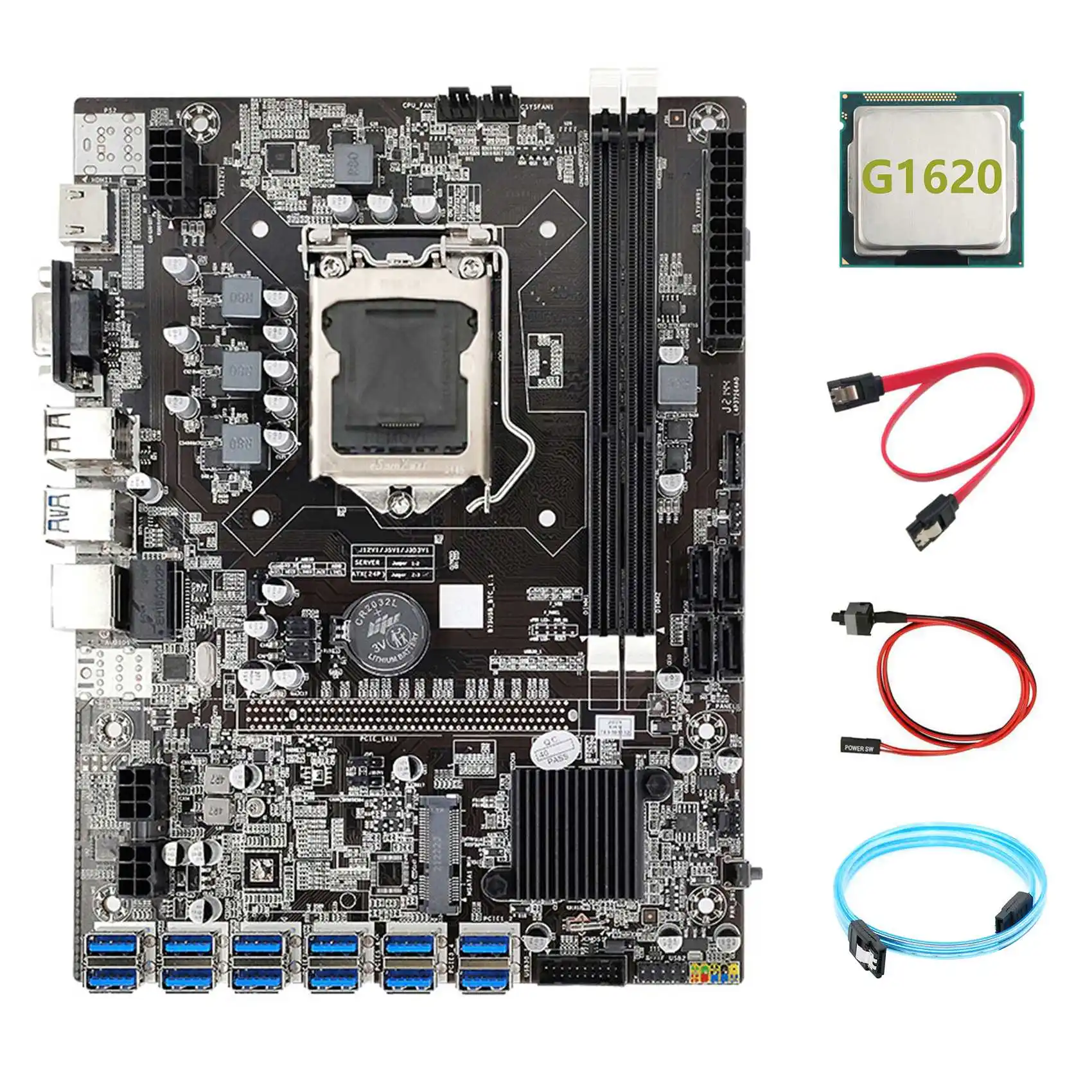 

B75 ETH Miner Motherboard 12 PCIE to USB+G1620 CPU+SATA3.0 Serial Port Cable+SATA Cable+Switch Cable LGA1155 Motherboard