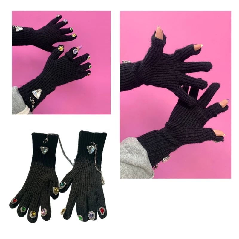 

Knitted Thick Warm Adult Gloves Winter for rhinestone Nail Decor Mittens Teens Touchscreen Gloves with Anti-lost Chain