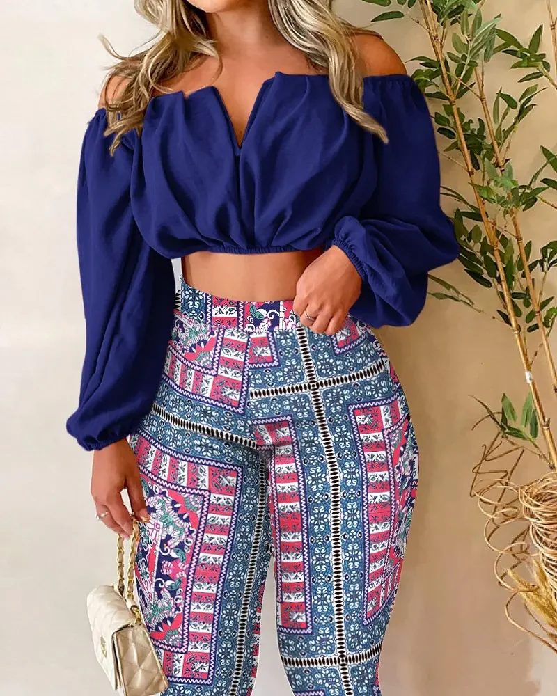 

Two Piece Sets Womens Outifits Fashion Crop Top Long Pants Set Sexy Off Shoulder Blouse Slim Thin Long Trouser Suit Streetwear