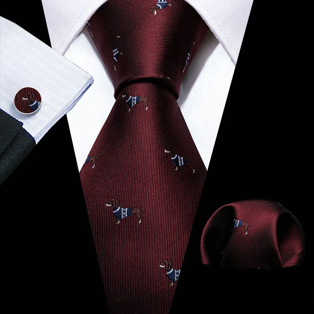 

Fashion Red Burgundy Silk Cartoon Animal Men Tie Set Little Dog Wedding Necktie Handkerchief Cufflinks Brooches Barry. Wang