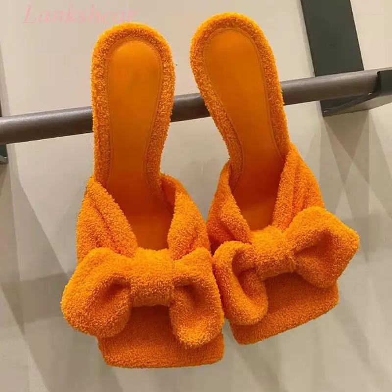 Сандалии женские махровые на шпильке дизайнерская эластичная обувь украшенная