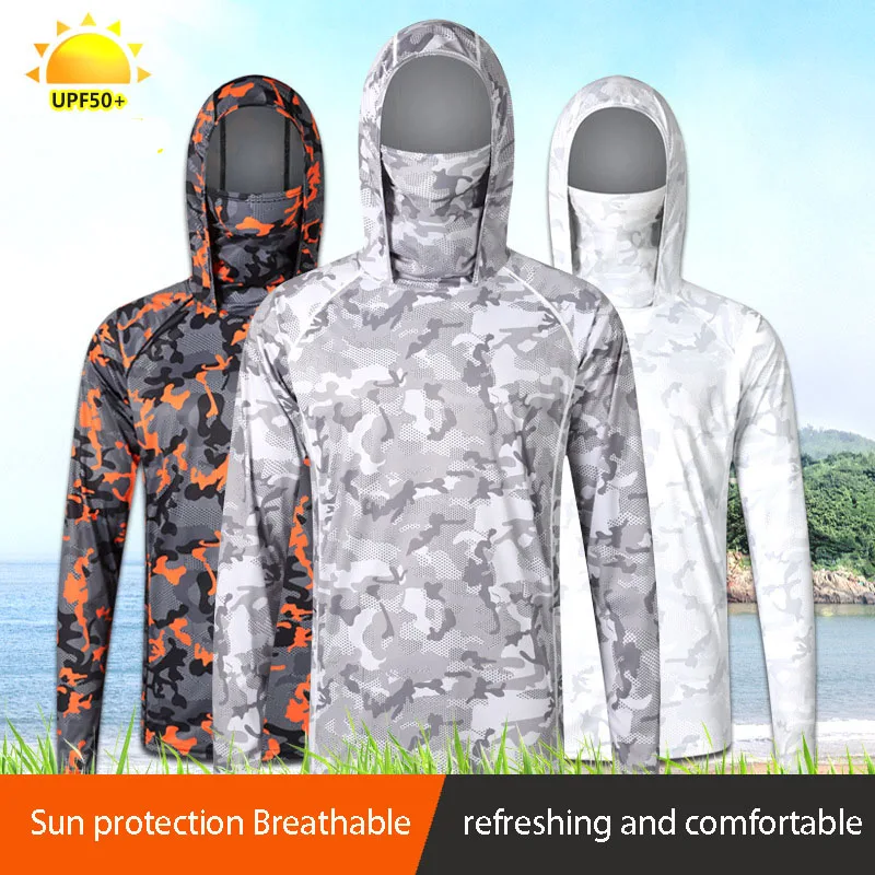 Камуфляжная рыболовная футболка с маской для лица летняя из вискозы длинным