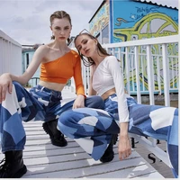 2022 casual streetwear high waisted straight leg printed jeans womens contrast color chic loose denim trousers multiple colors
