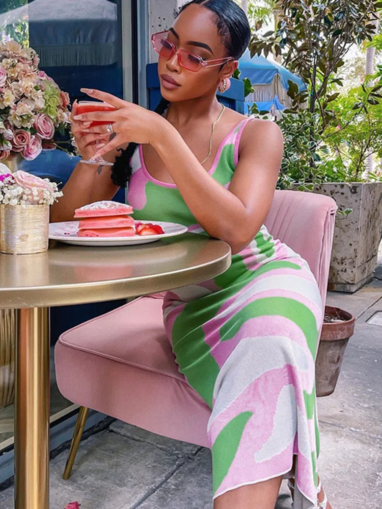 

hirigin Tie Dye Printed Women Sleeveless Bodycon Long Dress Summer Casual Fashion Round Neck Wrap Tank Dresses Club Streetwear