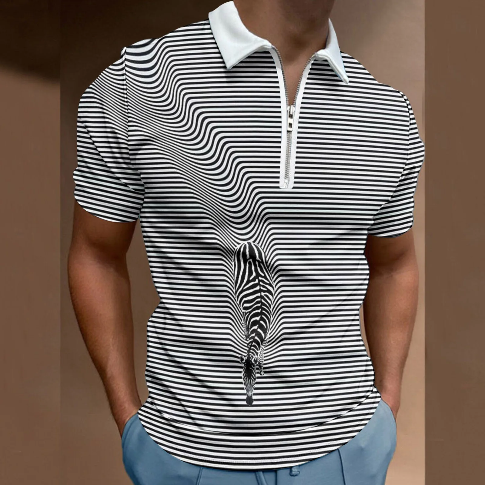 

Футболка мужская с 3D-принтом, Повседневная рубашка на молнии, с лацканами и короткими рукавами, цвет фиолетовый, лето