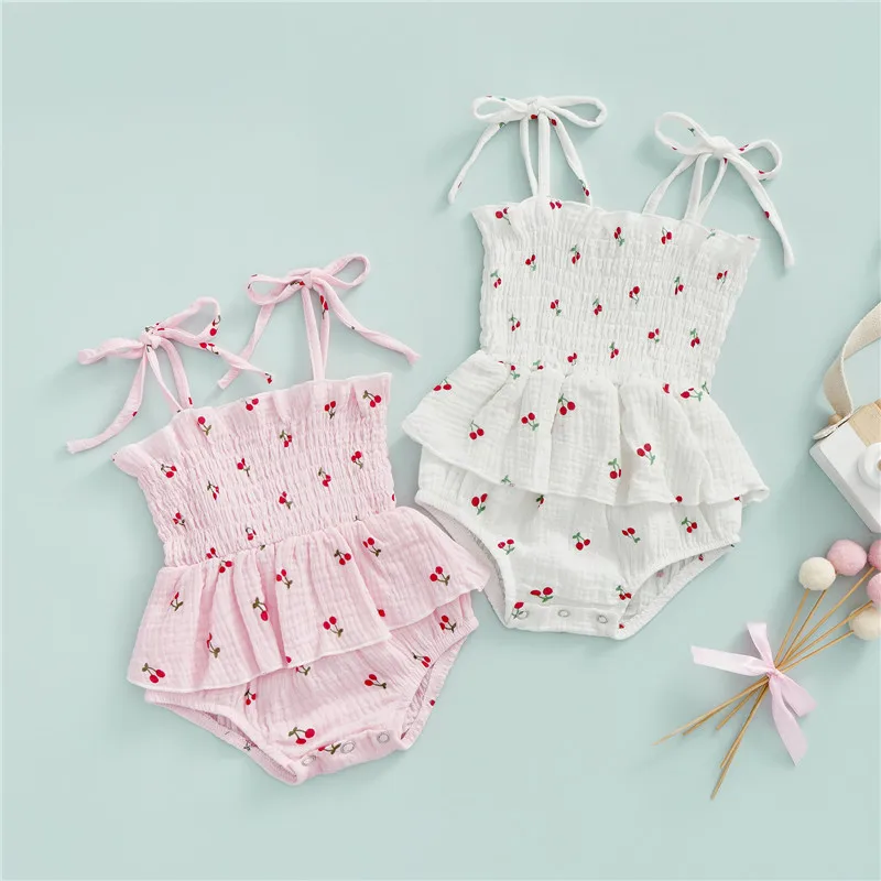 

Newborn Baby Girls Sweet Romper Tie-up Spaghetti Straps Cherries Printed Ruffle Short Jumpsuit Infants Summer Casual Bodysuits