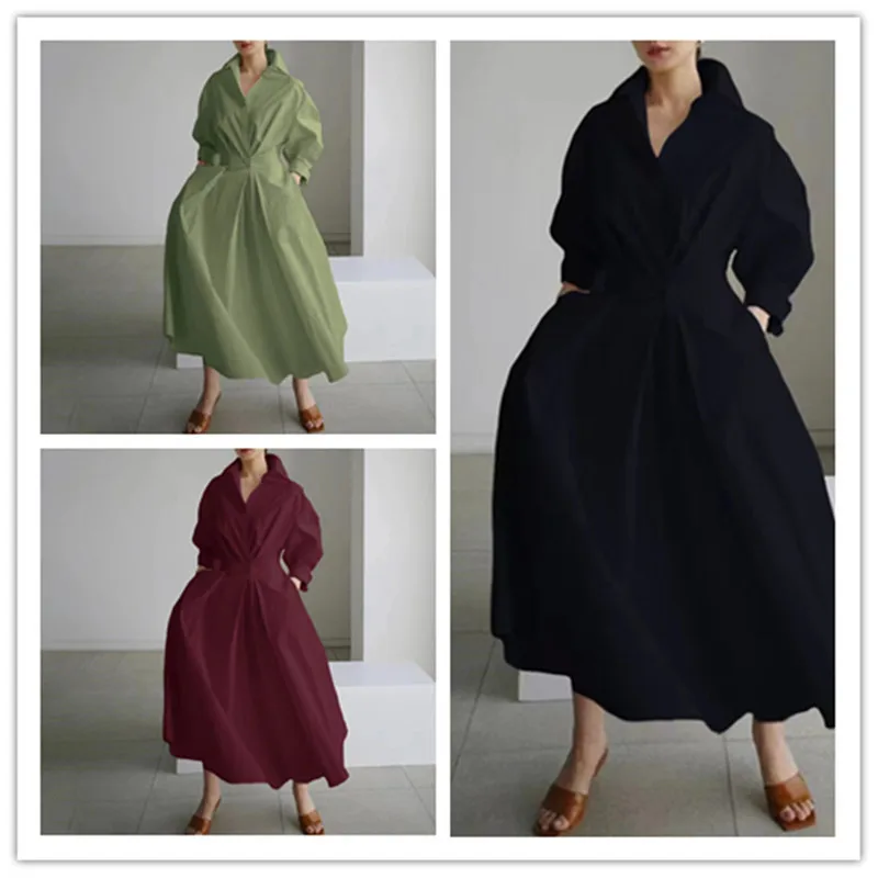 

Женское длинное свободное платье, элегантное однотонное винтажное платье с V-образным вырезом и пышными рукавами, уличная одежда, осень 2023