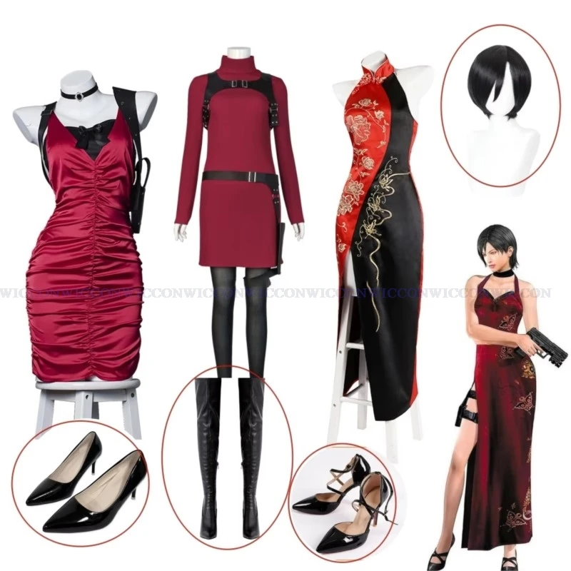 Female Resident 4 Ada Wong Cosplay Costume Evil Cheongsam Dress Red Wig Shoes Halloween Carnival Disguise Suit Women Girls