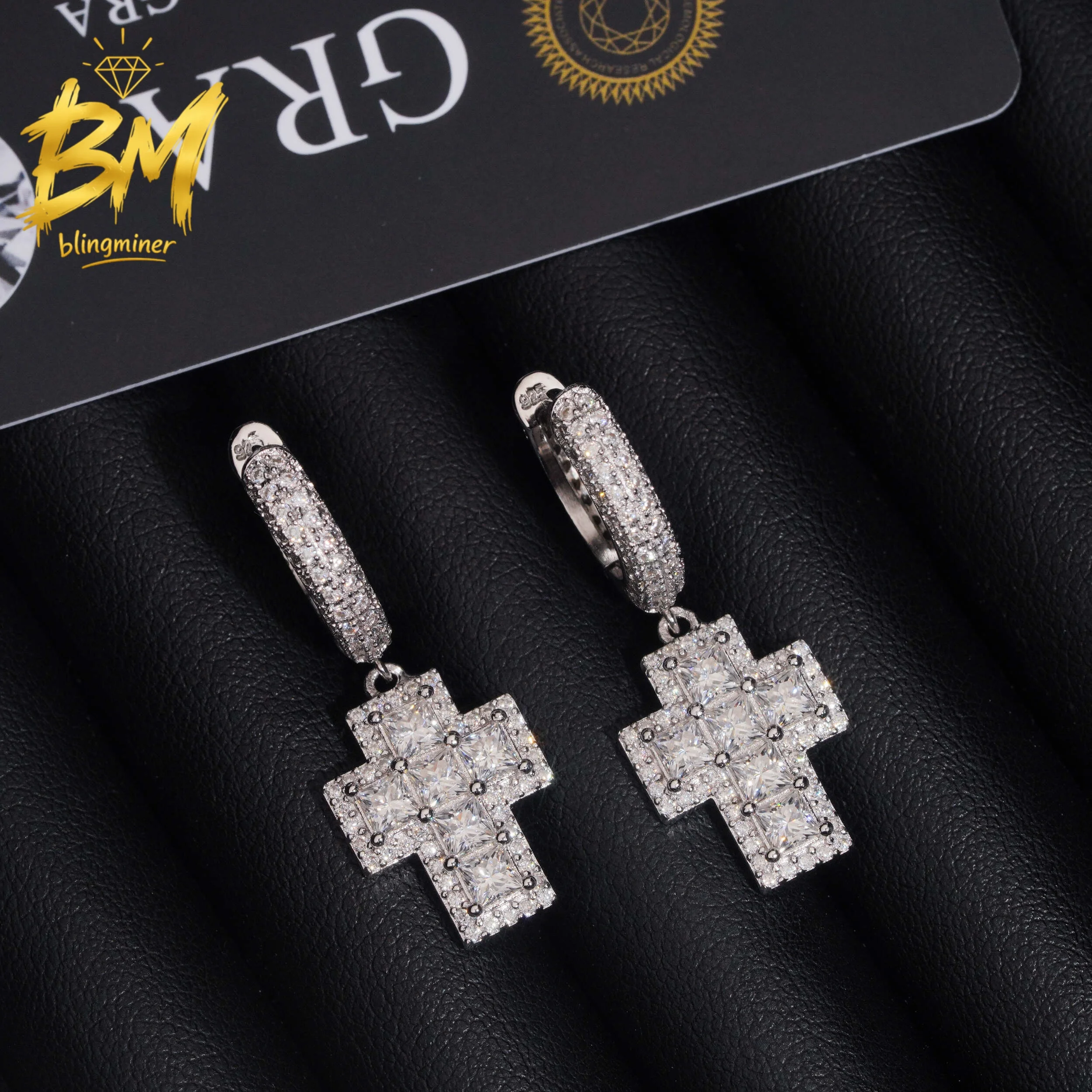 Фото Серебряные серьги Blingminer S925 с крестом VVS и муассанитом для мужчин и женщин, ювелирные изделия, прошедшие проверку на подлинность бриллиантов, GRA, бесплатная доставка №5