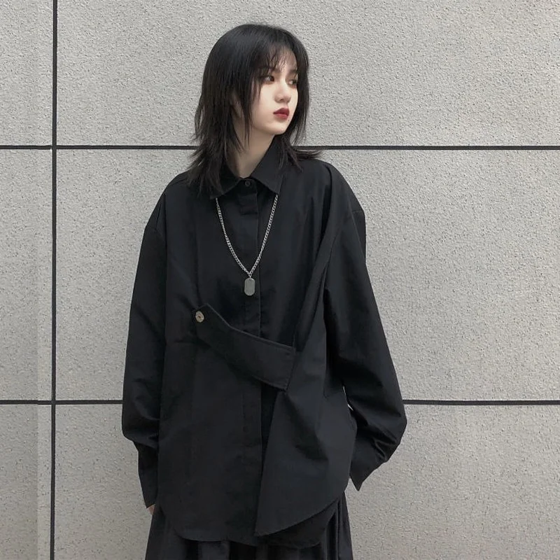 QWEEK Women's Blouse Asymmetrical Japanese Style Top Streetwear Punk Cool Black Shirt Oversize Long Sleeve Button Up Alt Clothes