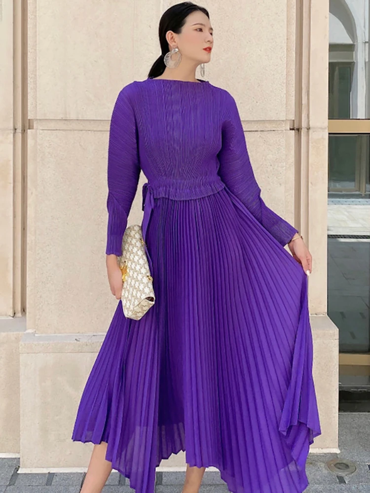 Delocah High Quality Spring Women Fashion Runway Pleated Dress Long Sleeve Bow Shirring Ruffle Hem Draped Purple Midi Dresses