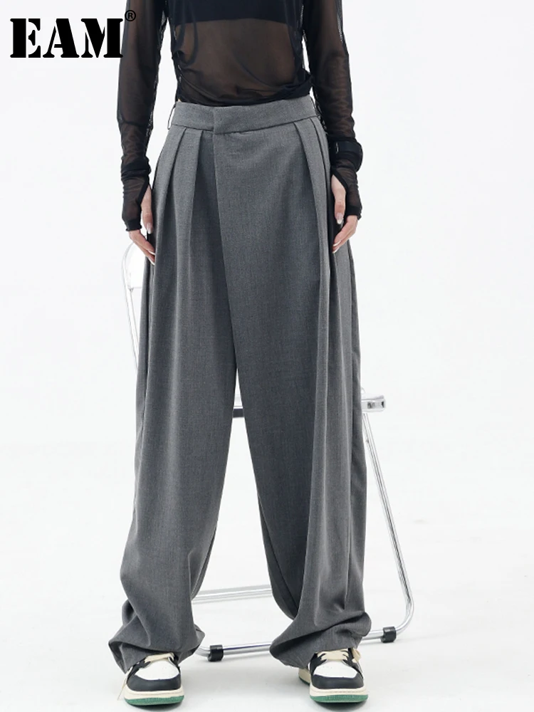 

[EAM] High Waist Gray Brief Pleated Long Wide Leg Trousers New Loose Fit Pants Women Fashion Tide Spring Autumn 2022 1DE9565