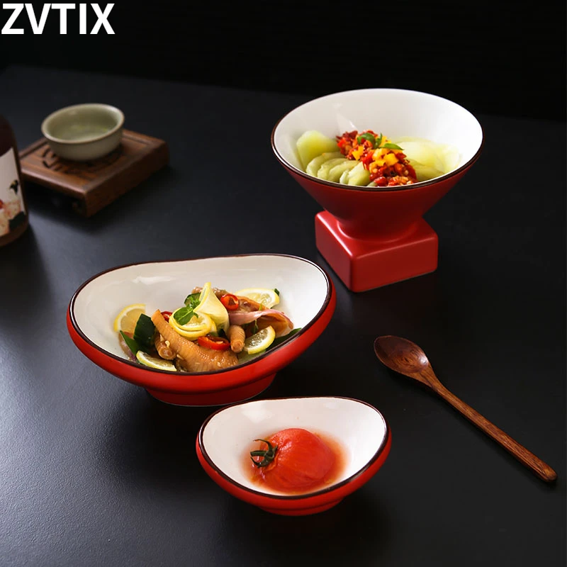 

Matte Red Ceramic Creative Soup Bowl Utensils Table Room Living Decor Plate Kawaii Snack Container Storage Cute Platters Trays