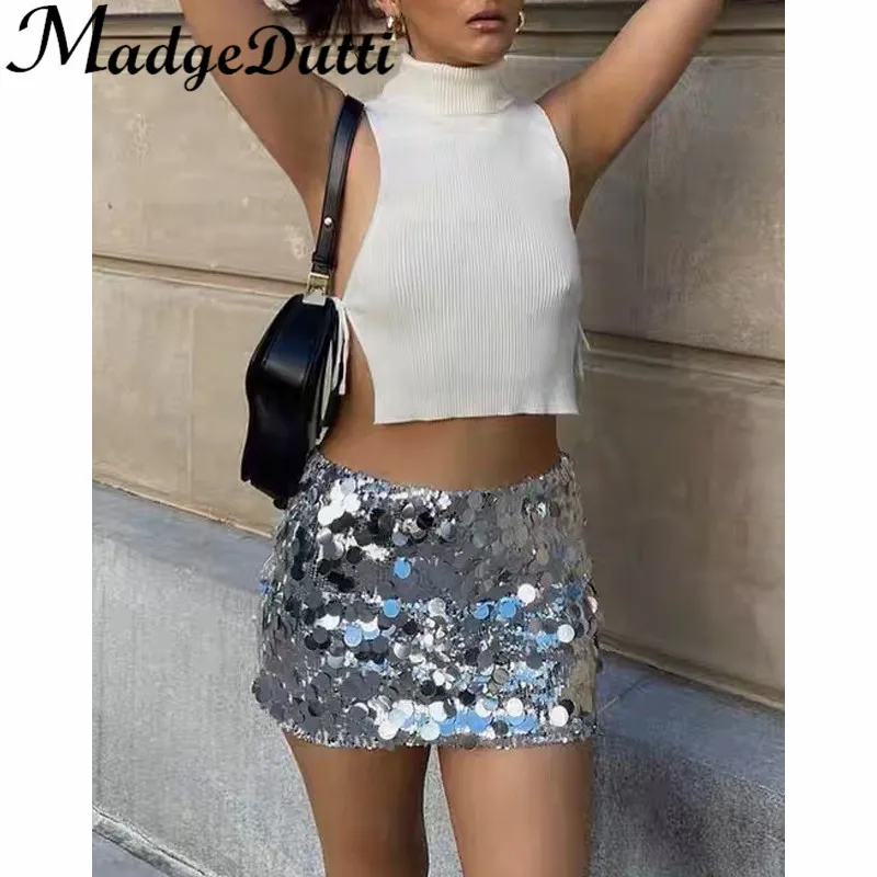 

3.15 MadgeDutti Holiday Style Fashion Bling Dot Sequins Dropped Waist A-Line Package Hip Skirt Women