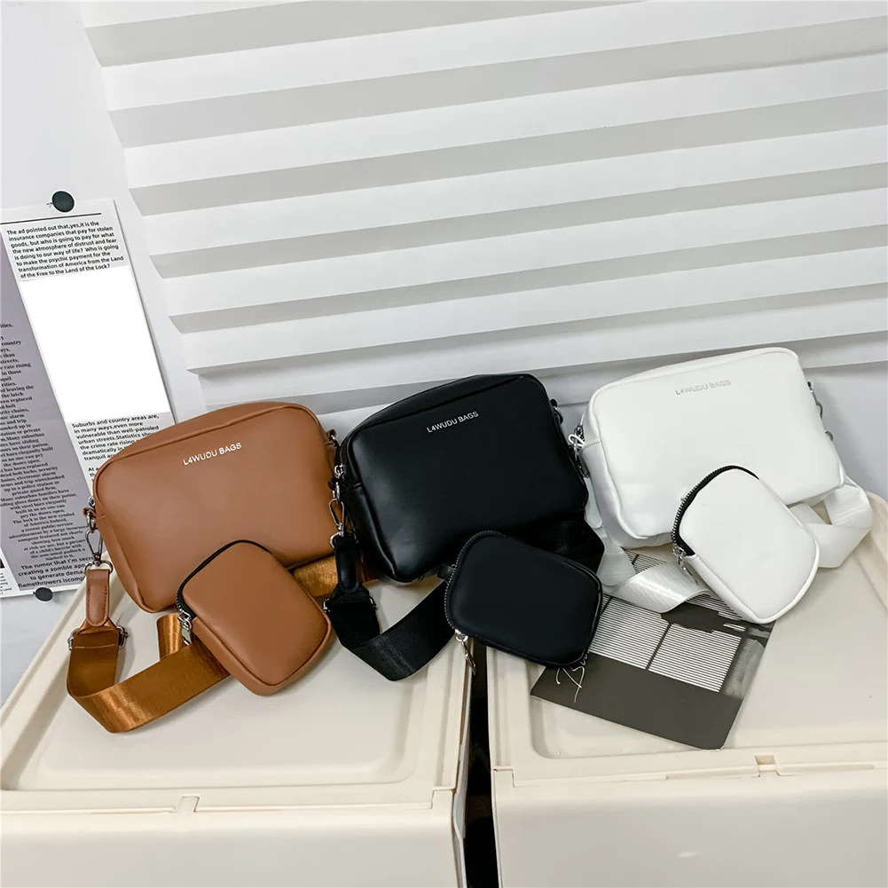 

Fashion Female Pu Handbags Camera Headphone Pouch Simple 2 in 1 Crossbody Handbags Solid Wide Strap Travel Shopping Shoulder Bag