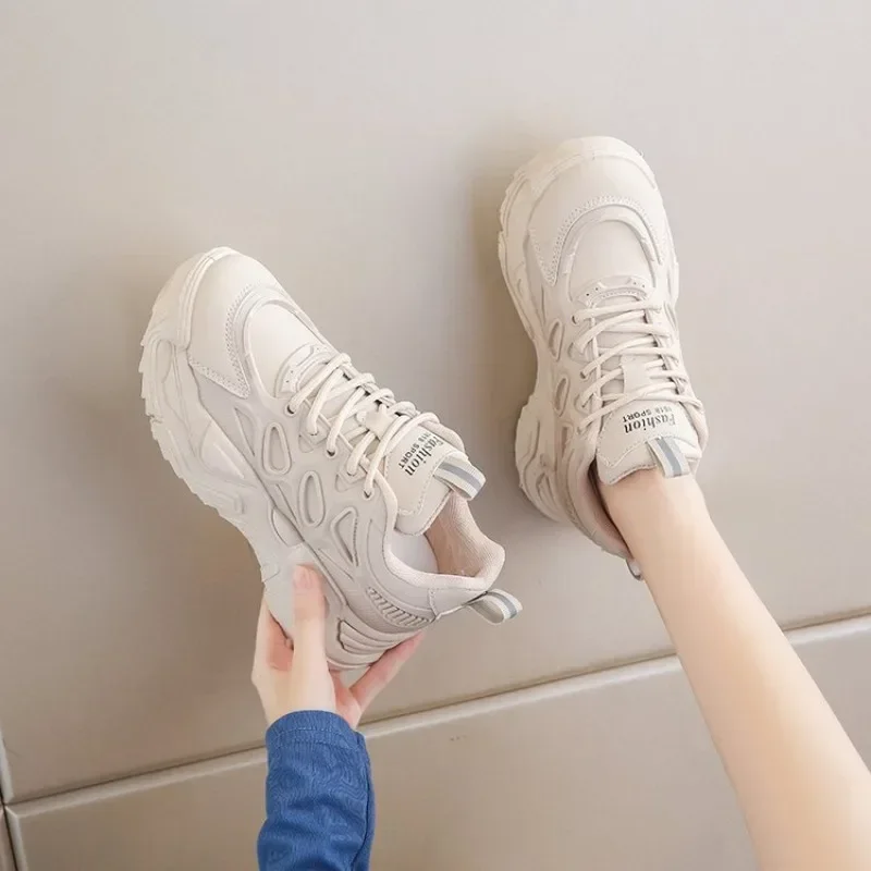 

2023 New Fashion Spring and Autumn Women's PU Mesh Round Toe Lacing Comfortable Thick Sole Women's Shoes