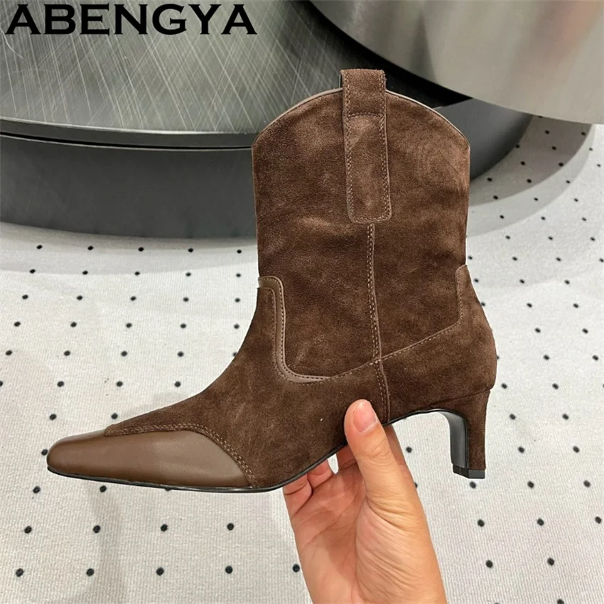 Фото ABENGYA Ботильоны из натуральной замши и котенка на каблуке, женские короткие ботинки «Челси» с острым носком, сексуальные тонкие модные ботинки, женские ботинки 2025 №2
