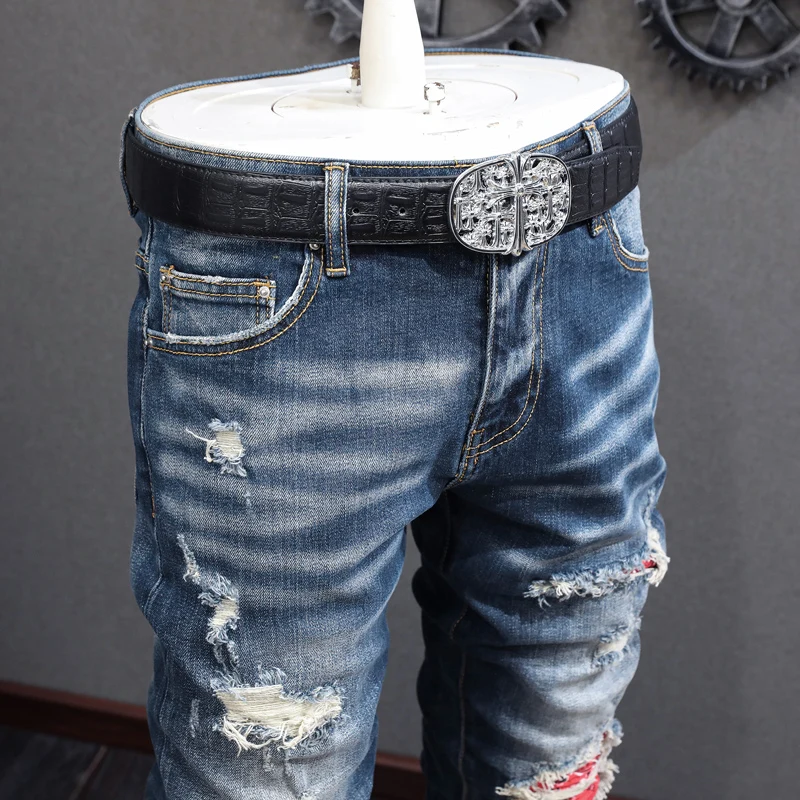 High Street Fashion Men Jeans Retro Blue Elastic Stretch Skinny Ripped Jeans Men Red Patched Designer Hip Hop Brand Pants Hombre