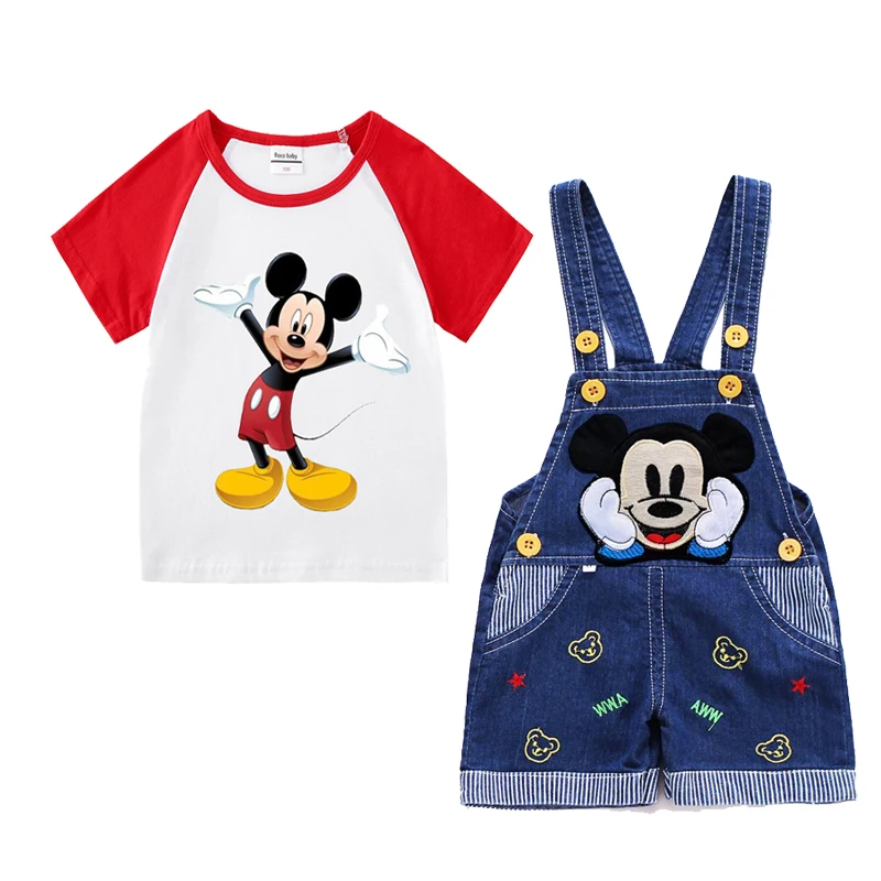 

Baby Boy Clothes Mickey Mouse Suits Cotton T-shirt+ Belt Denim Shorts Infant Toddler Set 1-4 Years Boy Summer Clothing Set Ropa