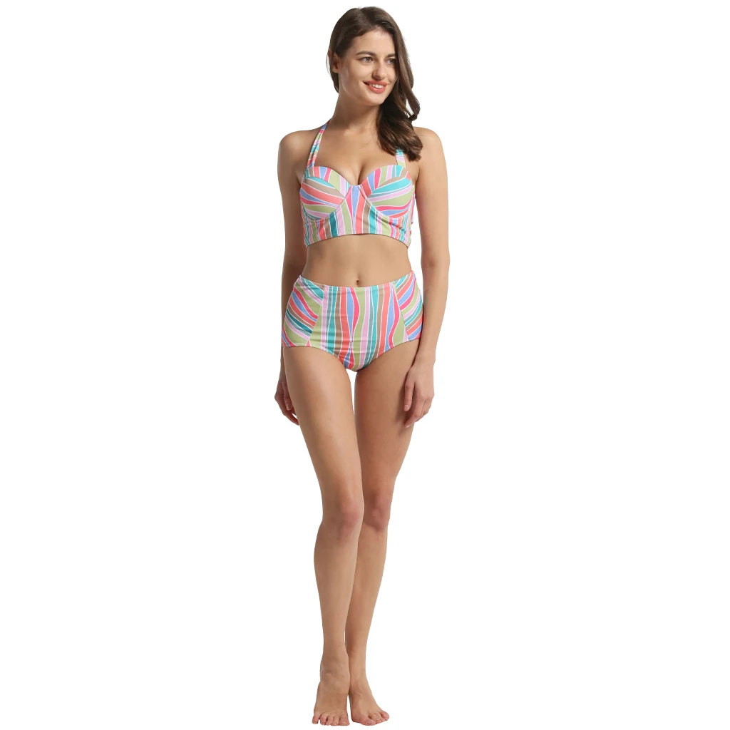

Megartico Rainbow Striped Bikinis Women Swimsuit High Waist Bikini Set Lace Up Two Piece Swimwear Mujer Stylish Swimming Suits
