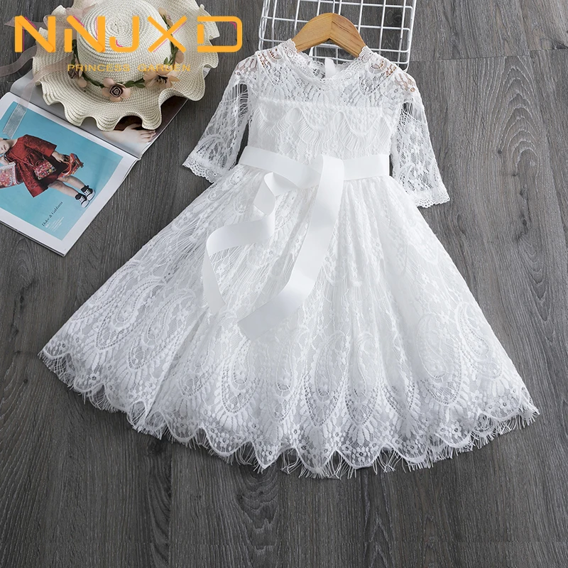 

3-8T Autumn Elegant Flower Lace Dress For Girl Princess Party Wedding Dress Ceremony Prom Gown First Communion Teen Girl Clothes