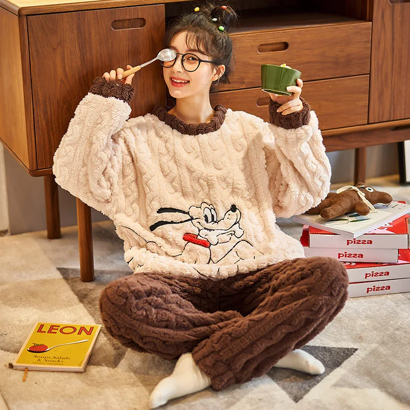 Women Sleepwear Coral Fleece Winter Pajamas Loose Version Inspissate Flannel Pullover Plus Size Cartoon Plush Pajama Set