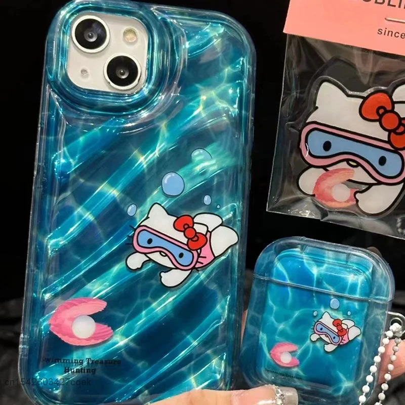 Sanrio Diving Hello Kitty Iphone Case Apple 11 12 13 14 Pro Max Trend Cover With Holder Airpods 1 2 3 Pro Wireless Headset Case