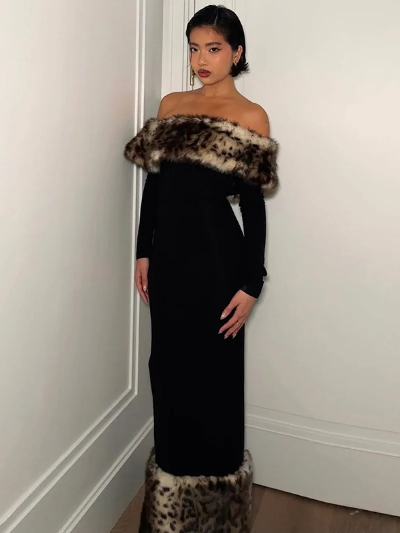 Элегантное лоскутное платье с леопардовым принтом из искусственного меха